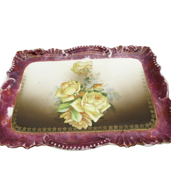 BAVARIA PORCELAIN Tray with Yellow Roses Scalloped Edges Germany Vintage - Picture 7 of 10